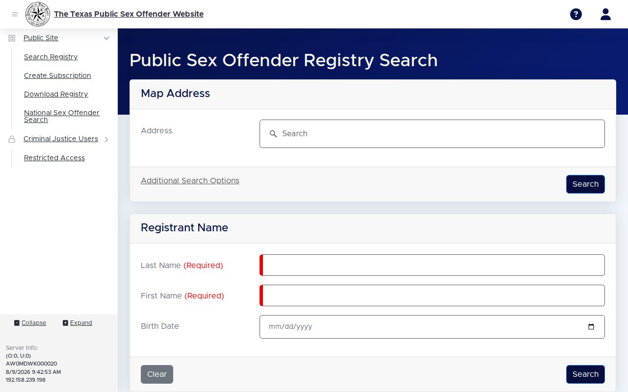 Brooks County sex offender registry search screen from Texas DPS