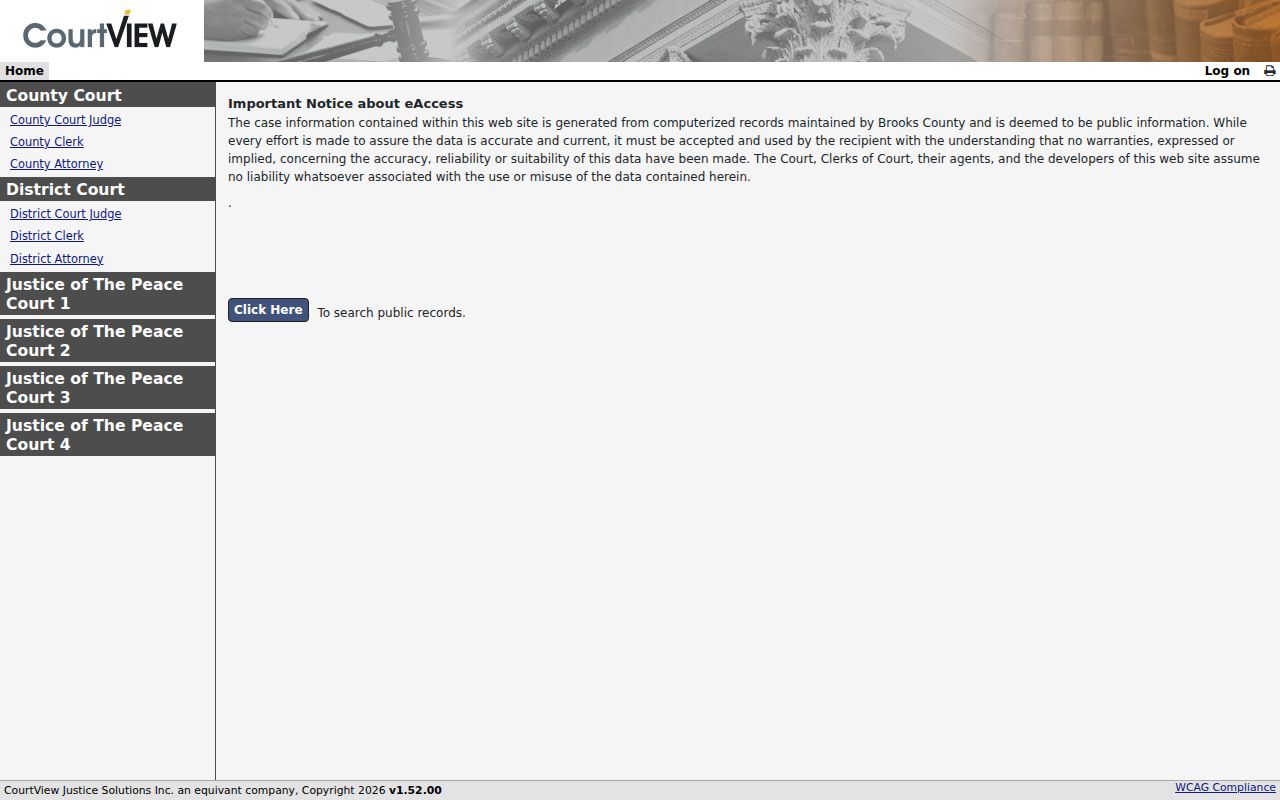 Brooks County CourtView public case search landing page