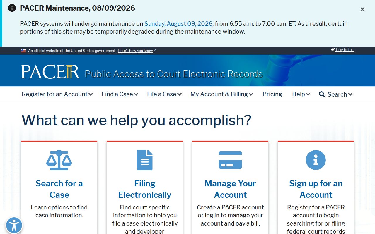 PACER federal court account and records search entry page