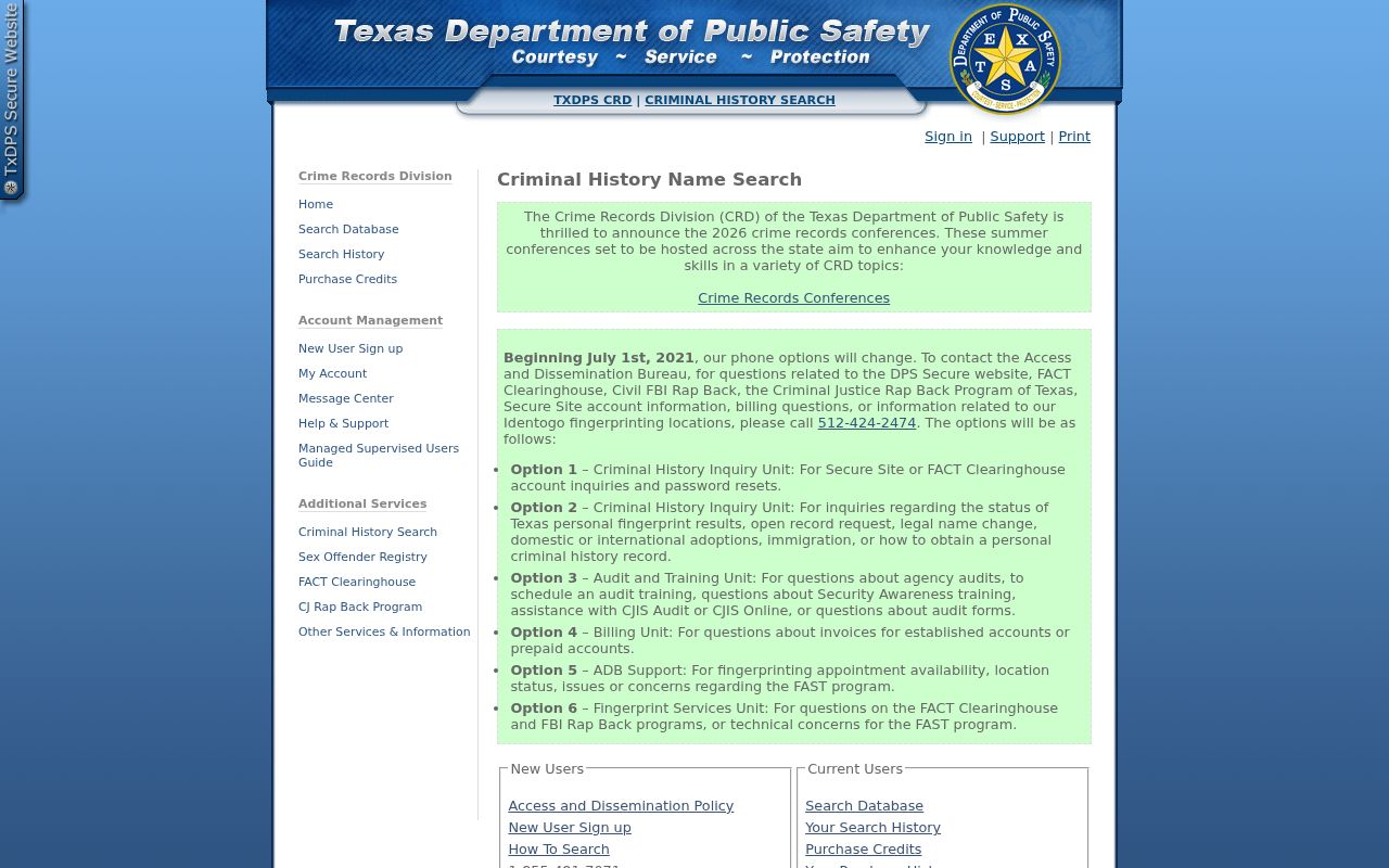 Texas DPS public criminal history search portal