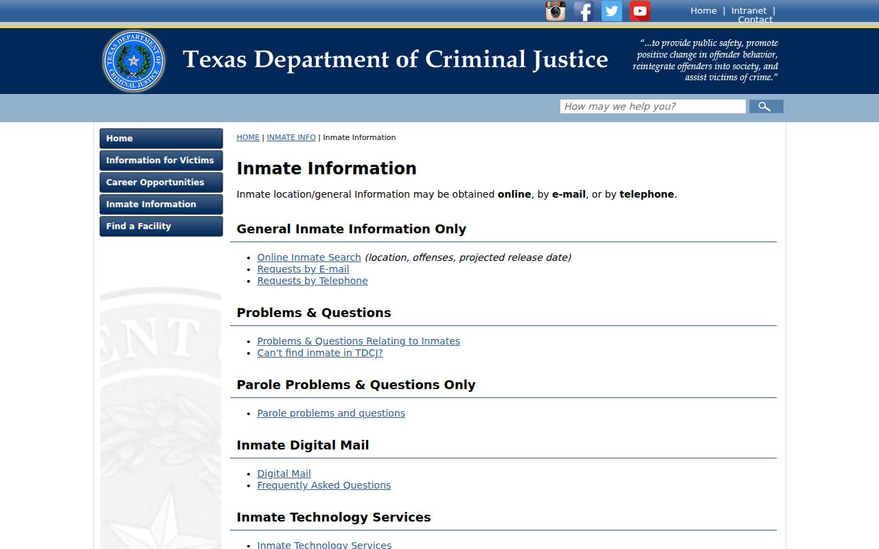 Texas Department of Criminal Justice inmate information channels